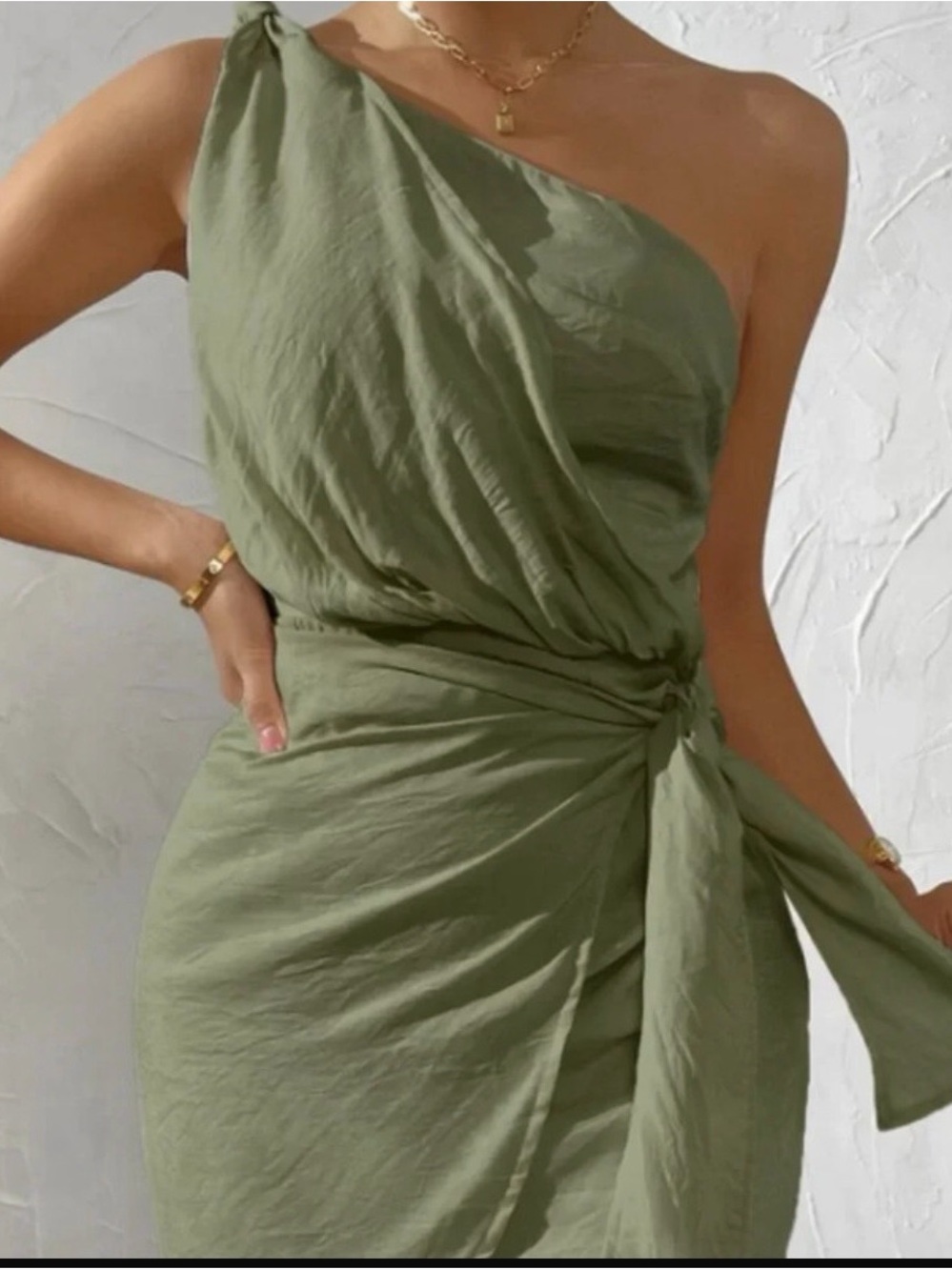 SHEIN One-Shoulder Olive Tie-Waist Dress